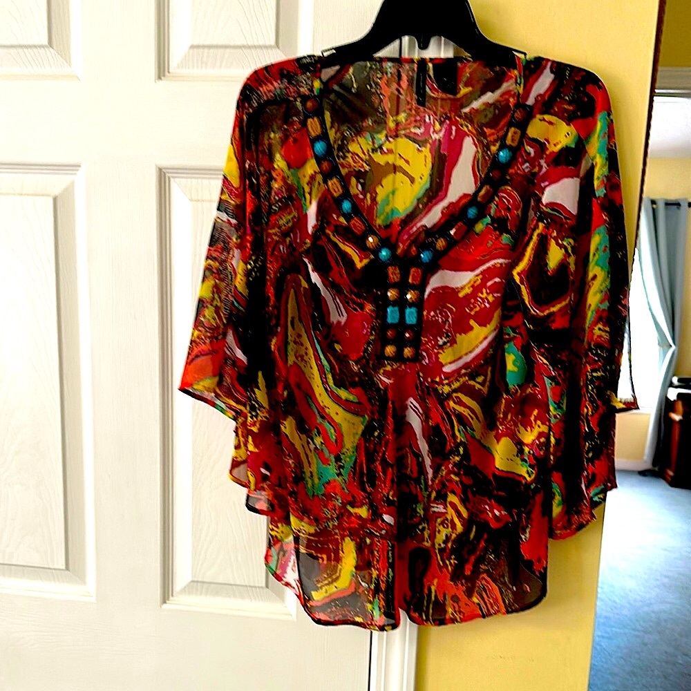 Colorful Sheer Blouse with Beaded Neckline